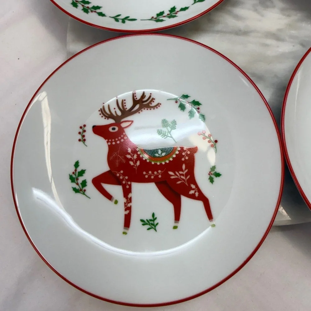 Bee & Willow Christmas Appetizer‎ Plates Set of 4 Reindeer Tree Snowflake 7in